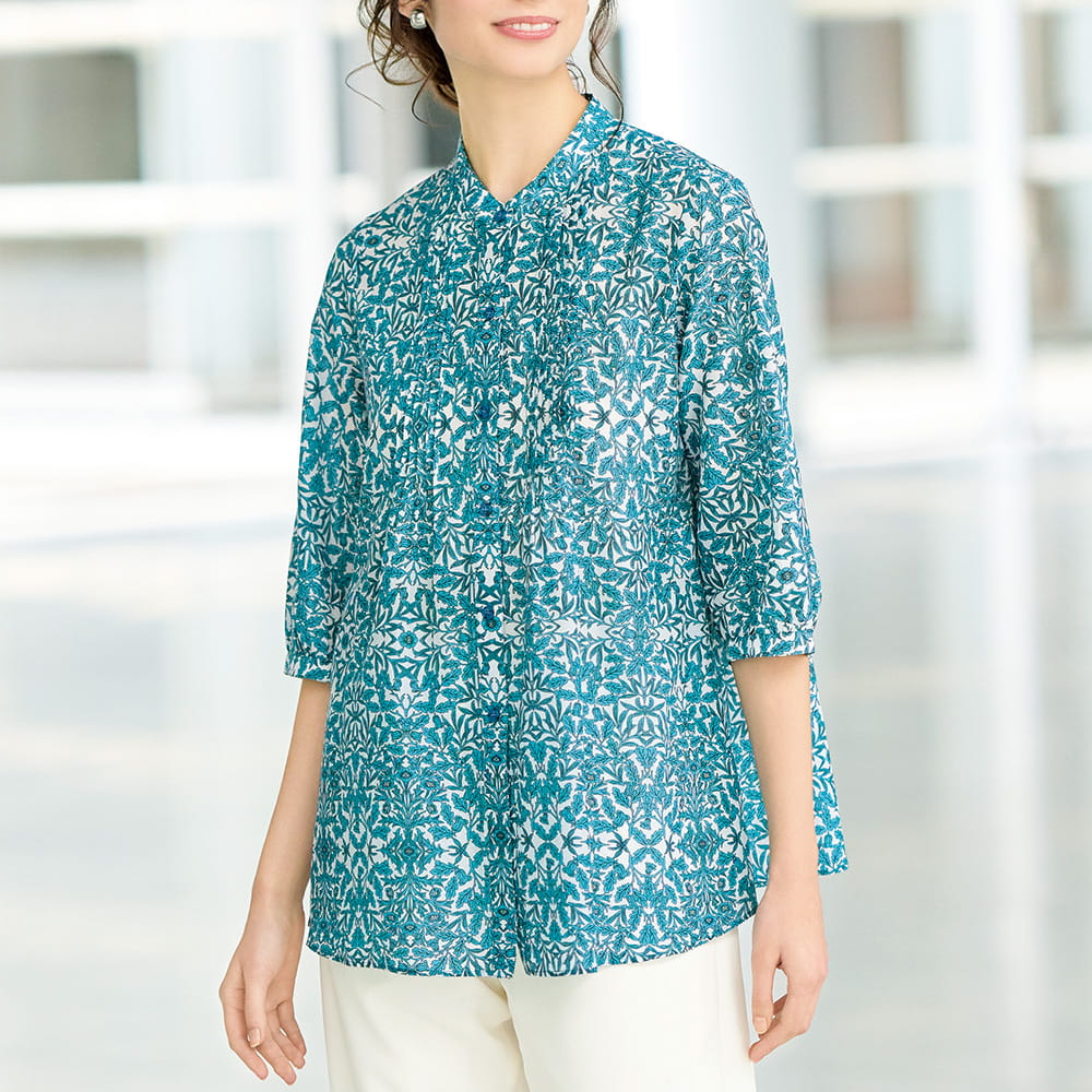 コットンシルクプリントロングブラウス