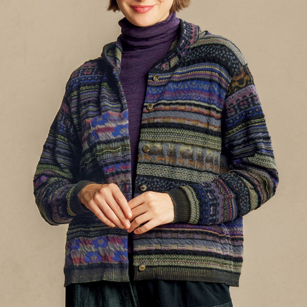 フード付きジャカードカーディガン