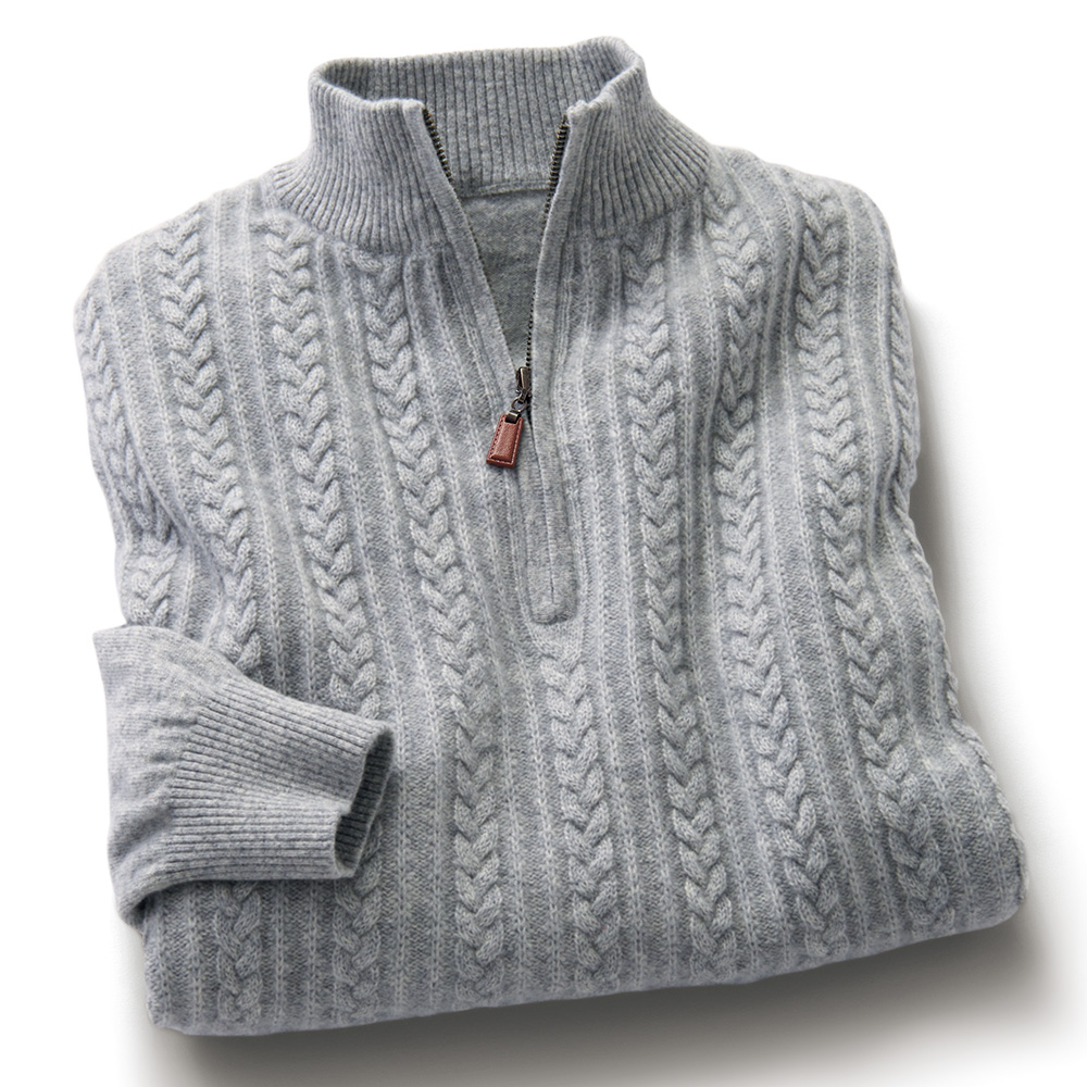 洗えるカシミヤハーフジップケーブル使いセーター