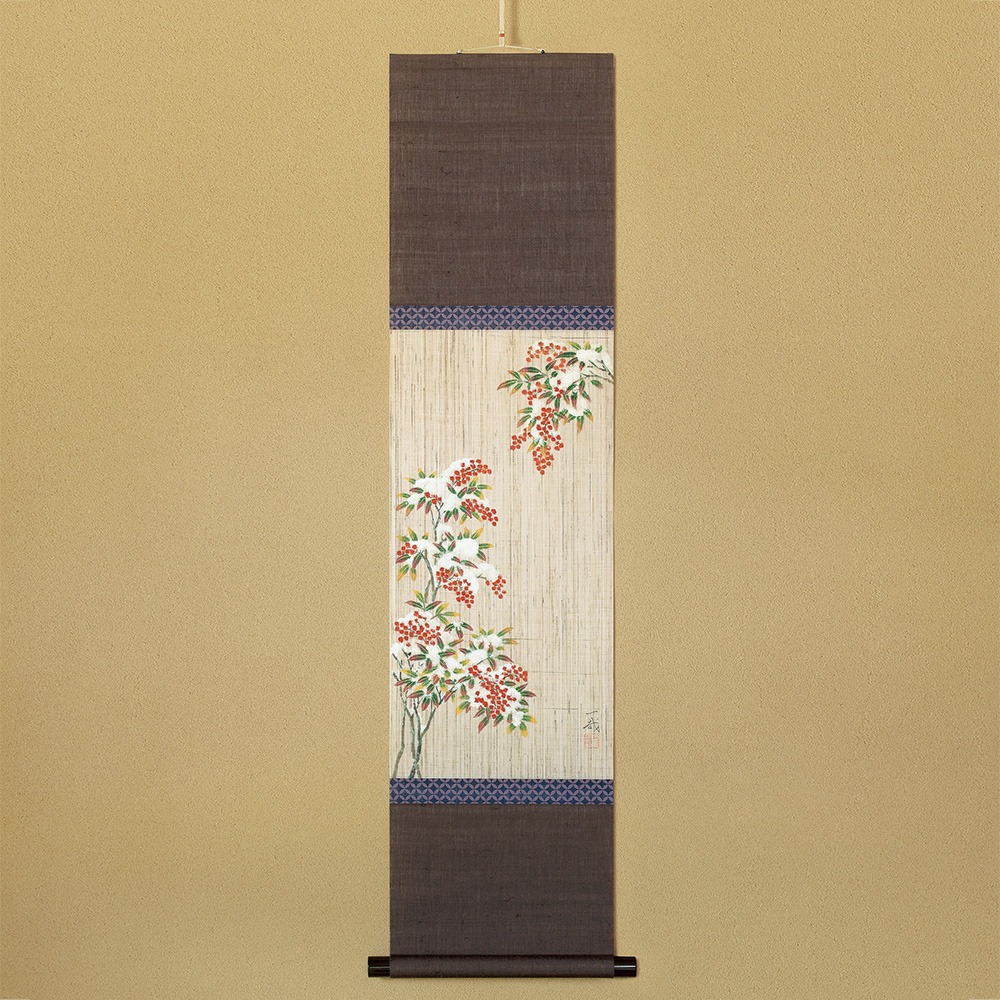 手描き軸アート「雪南天」