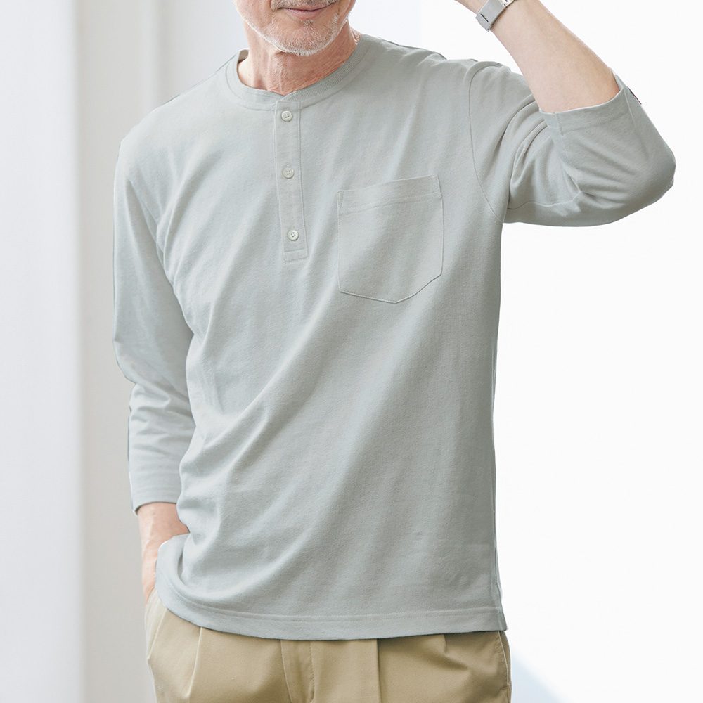 ゼロトルク撚糸･リネンコットンヘンリーネックTシャツ