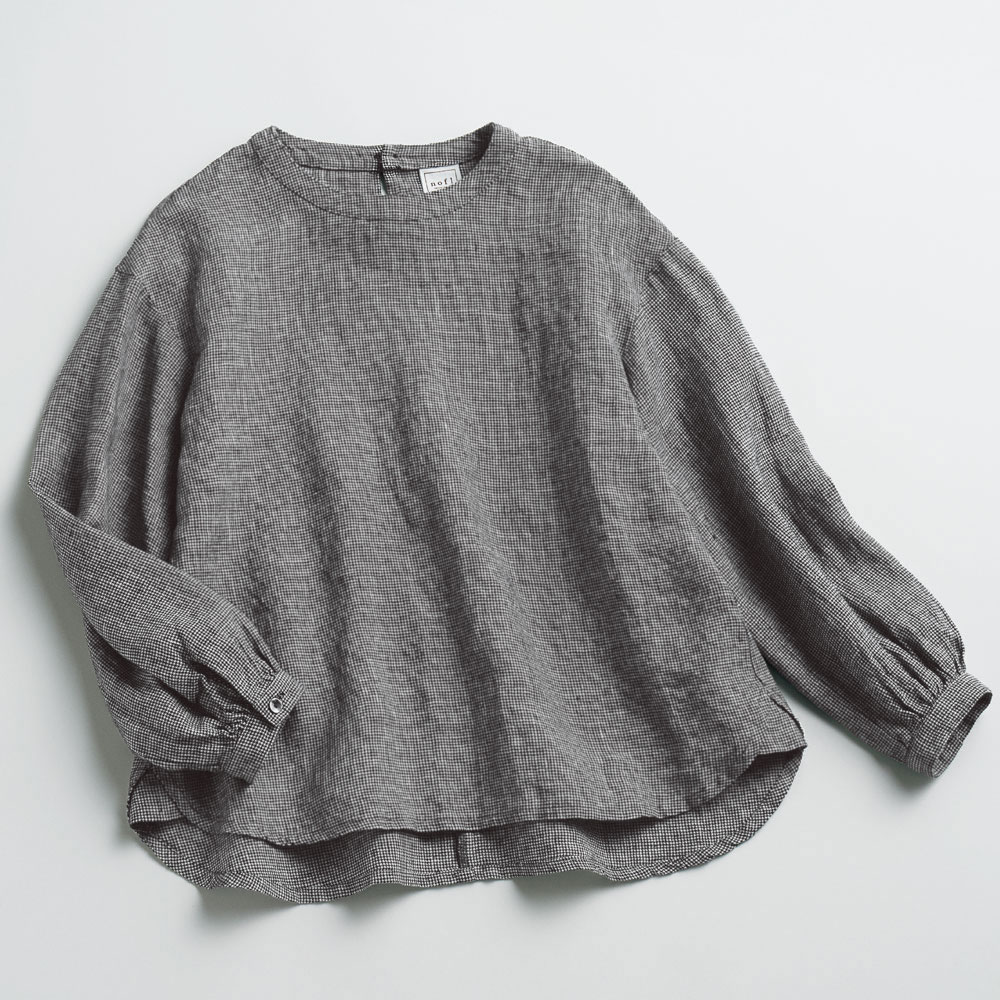 リトアニアリネン千鳥柄クルーネックブラウス