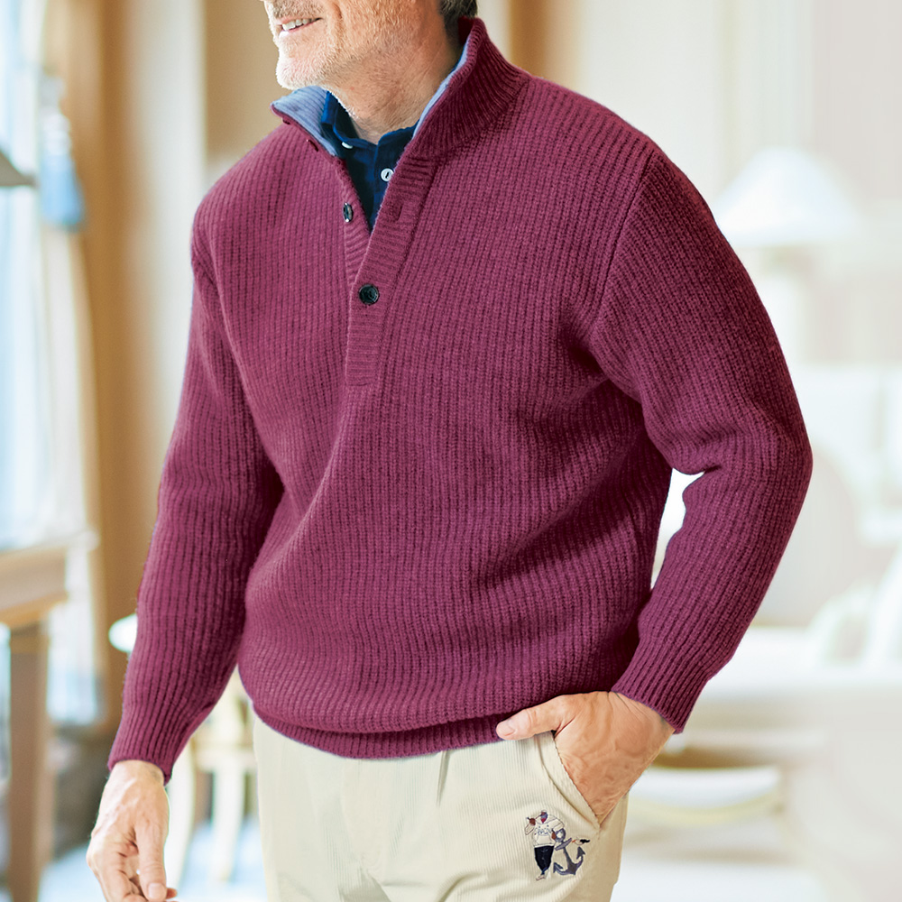 クーマラム畦編みハイネックボタンフロントセーター