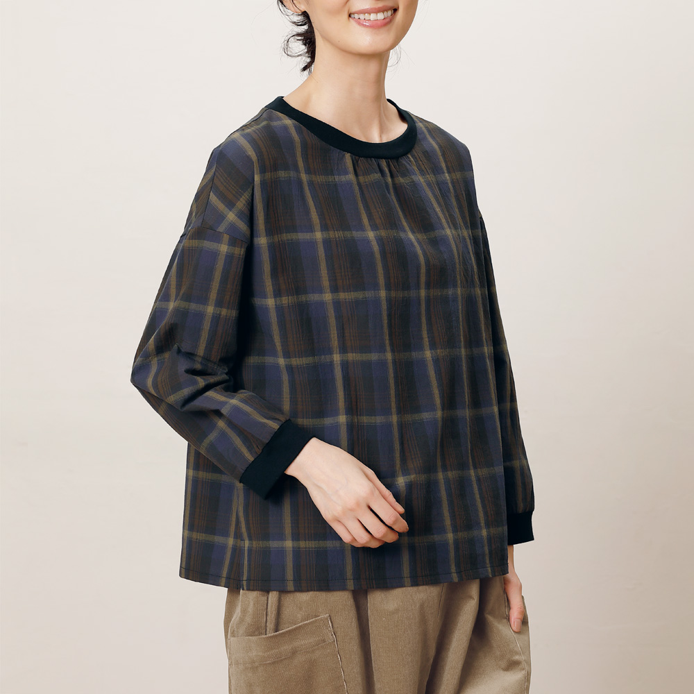 コットン先染めワッシャー九分袖プルオーバー