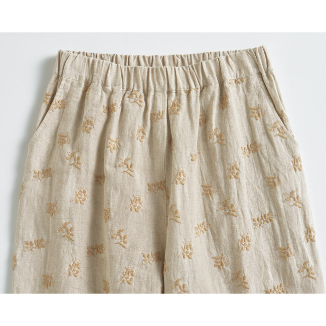 オリーブ刺しゅうリネンイージーパンツ