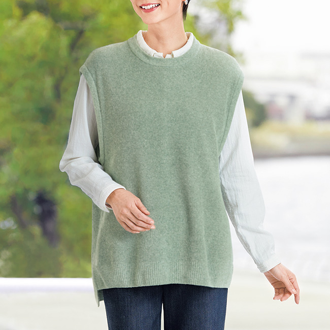 洗えるシルク･畦編ネップのゆったりニットベスト／男女兼用