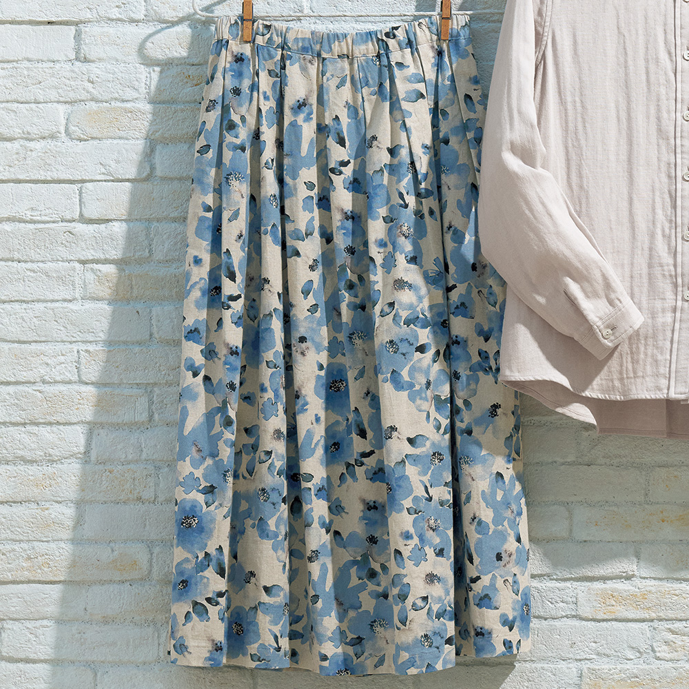 リネンコットンフラワープリントタックスカート