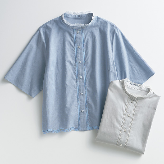 レース襟ストライプブラウス