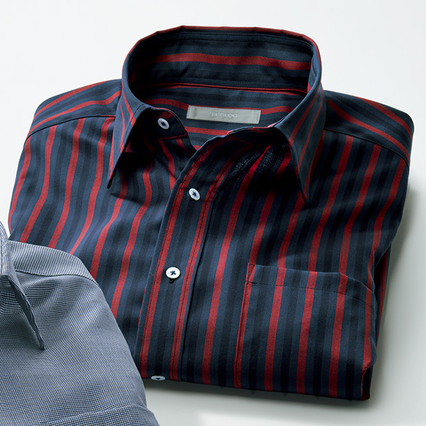 洗えるスーパー120′Sウール・多機能ストライプシャツ