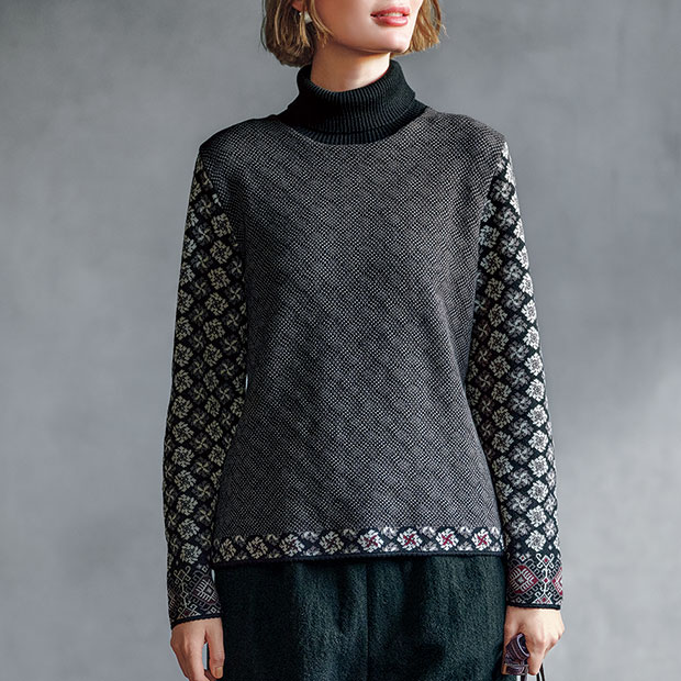 ジャカード編みタートルネックセーター
