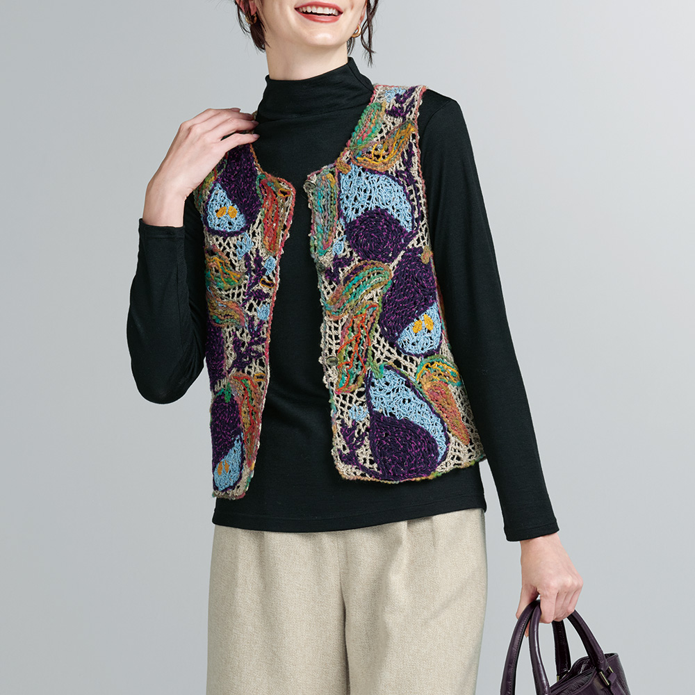 洋なし柄コード刺しゅう使いベスト