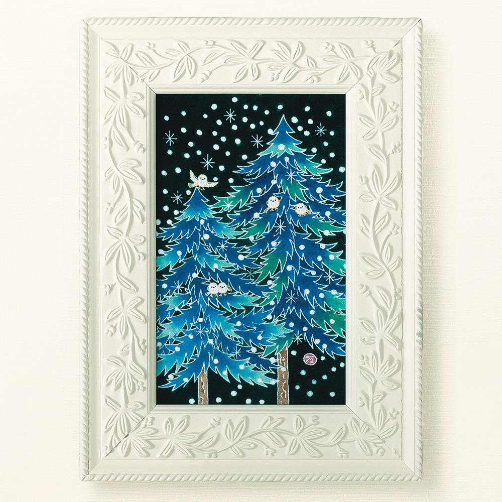 加賀友禅フレームアート「雪降る夜のシマエナガ」