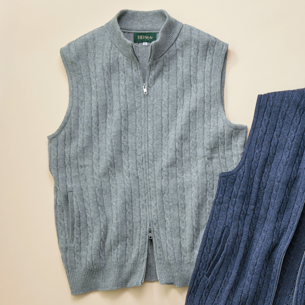 ケーブル編み･暖かフルジップベスト
