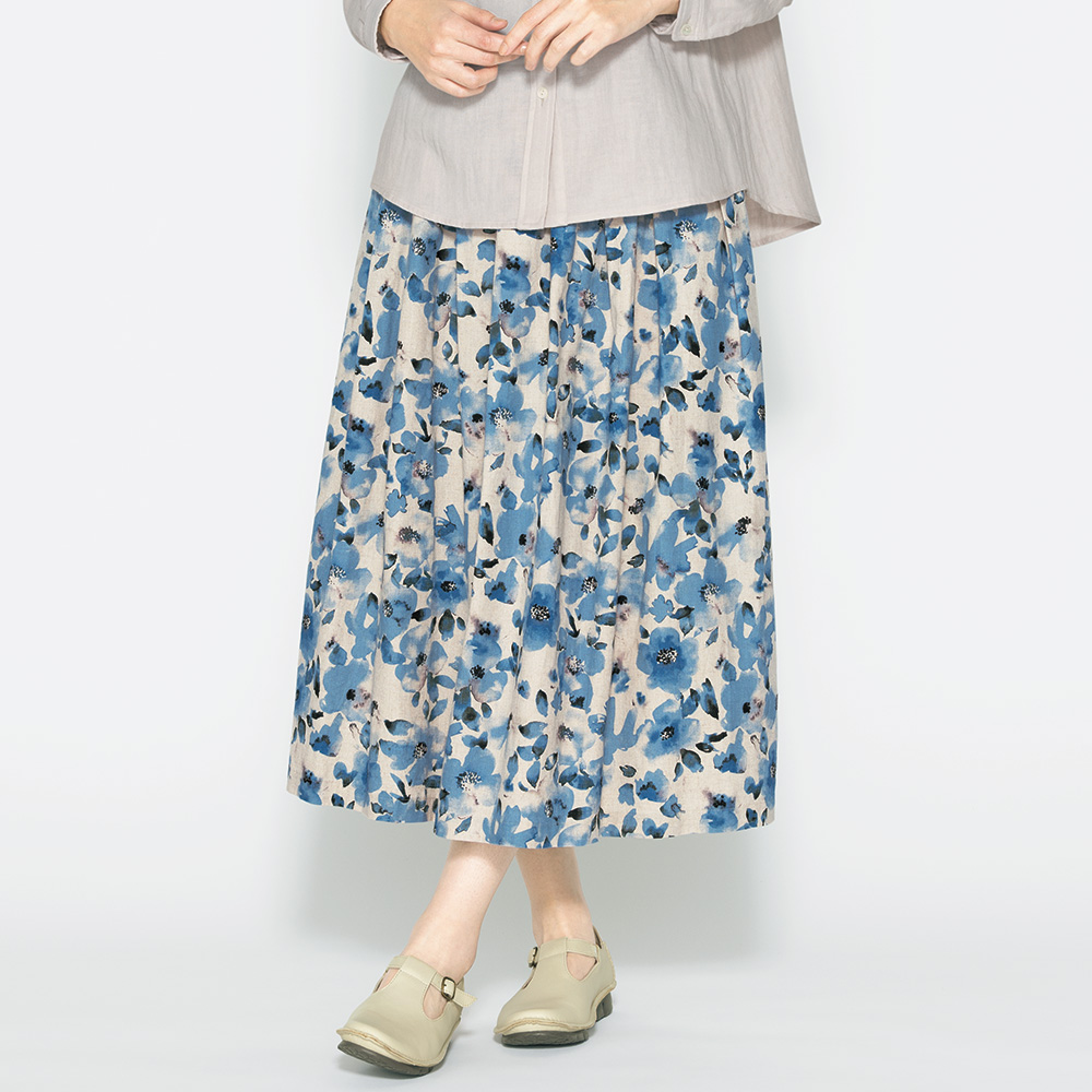 リネンコットンフラワープリントタックスカート