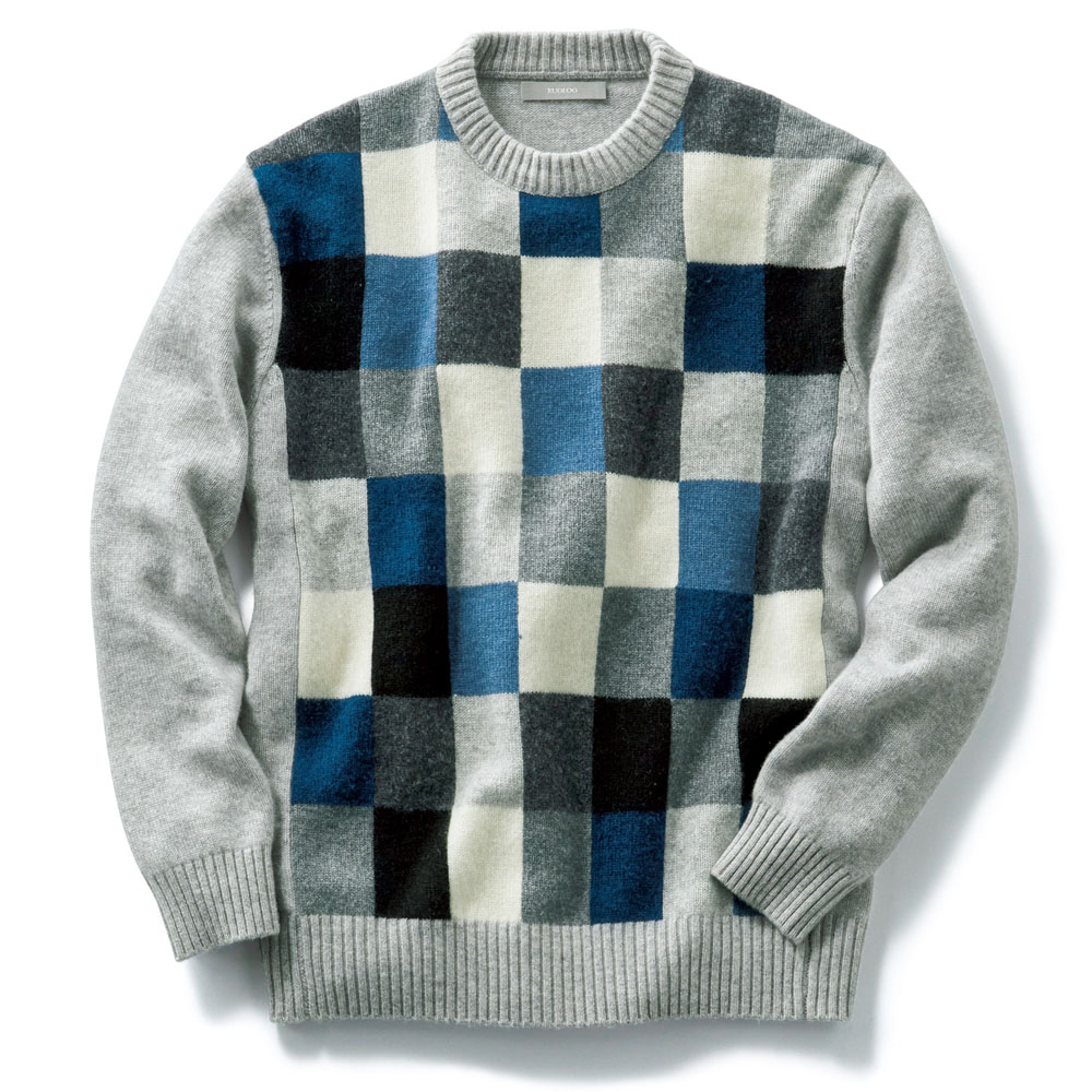 インターシャカシミヤブロックチェックセーター