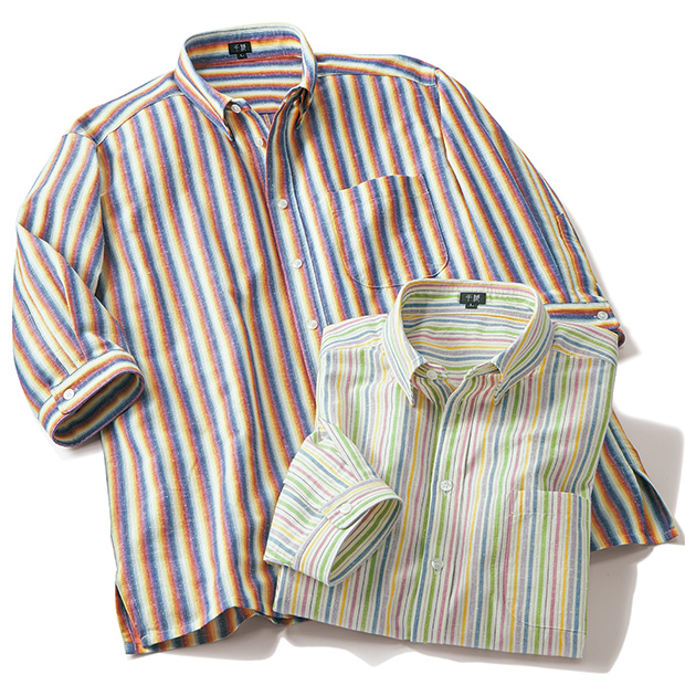 遠州木綿の隠しB.D.七分袖シャツ