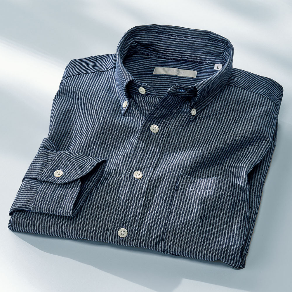 ロープ染色のインディゴストライプ長袖シャツ