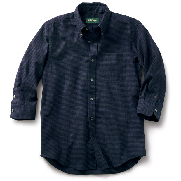 リネンコットン･インディゴ染めギンガムチェック七分袖シャツ