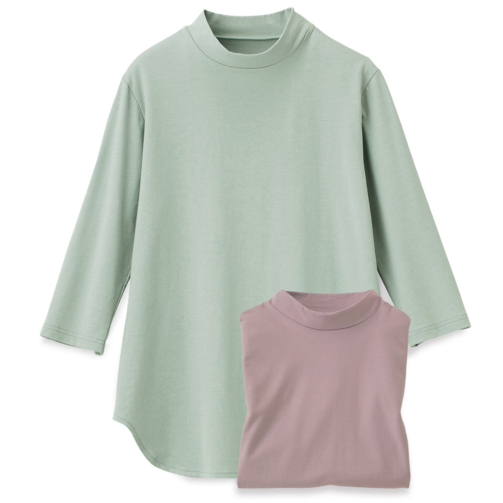 ベントクールハイネック七分袖チュニックTシャツ/2色セット
