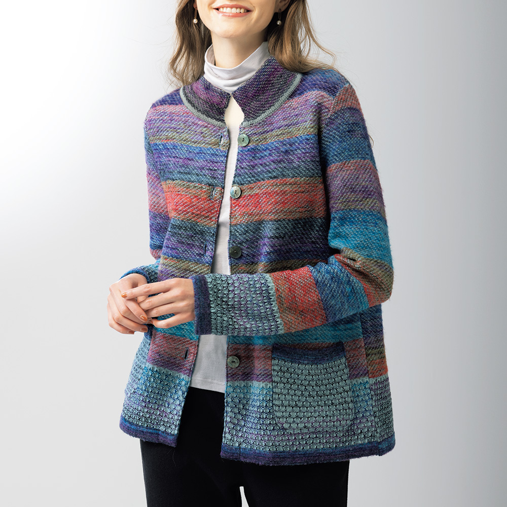 絣糸使いスタンド襟ニットジャケット