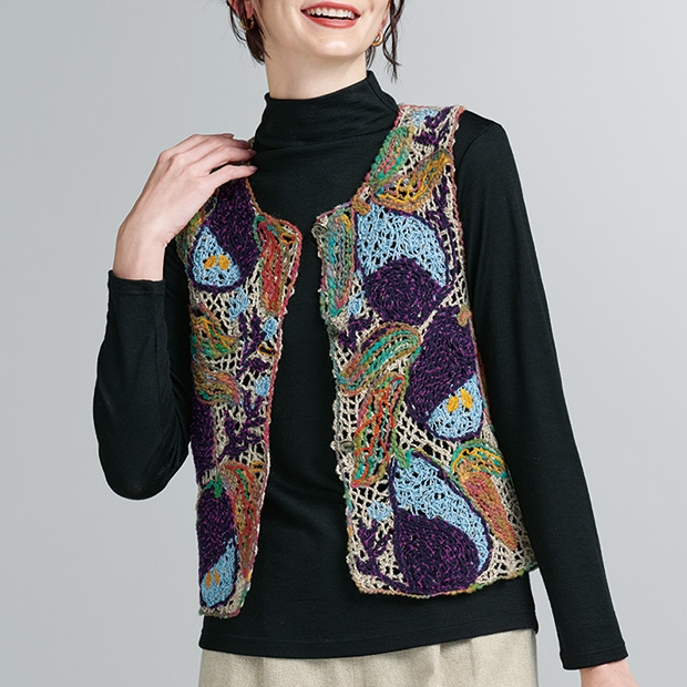 洋なし柄コード刺しゅう使いベスト