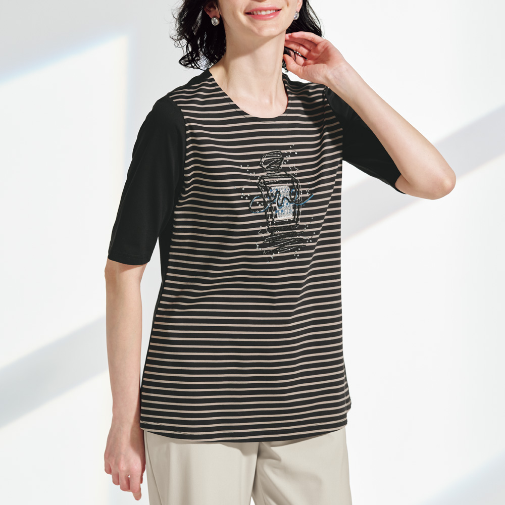 香水瓶刺しゅうボーダーTシャツ