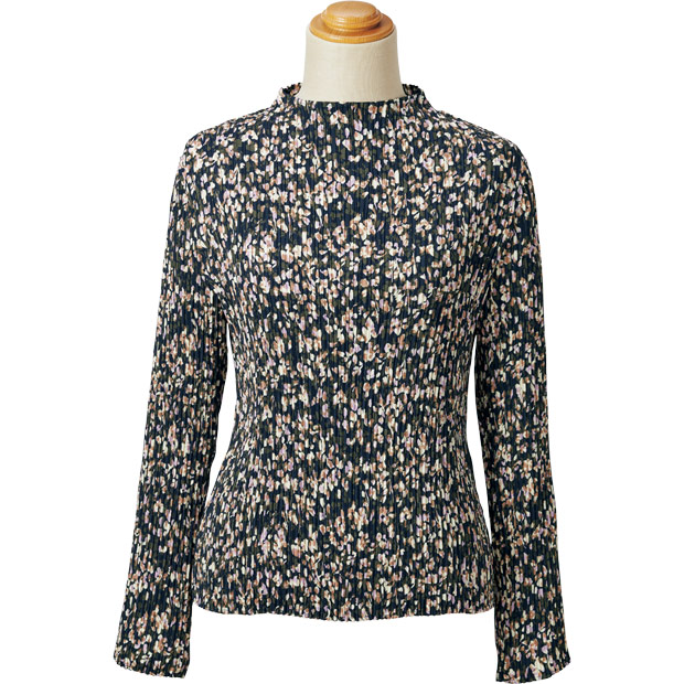 クリスタルプリーツ･小花柄ボトルネックプルオーバー