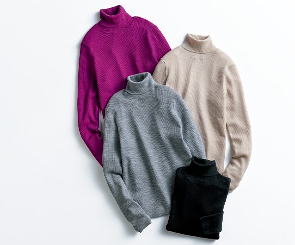 洗えるウールリブタートルネックプルオーバー