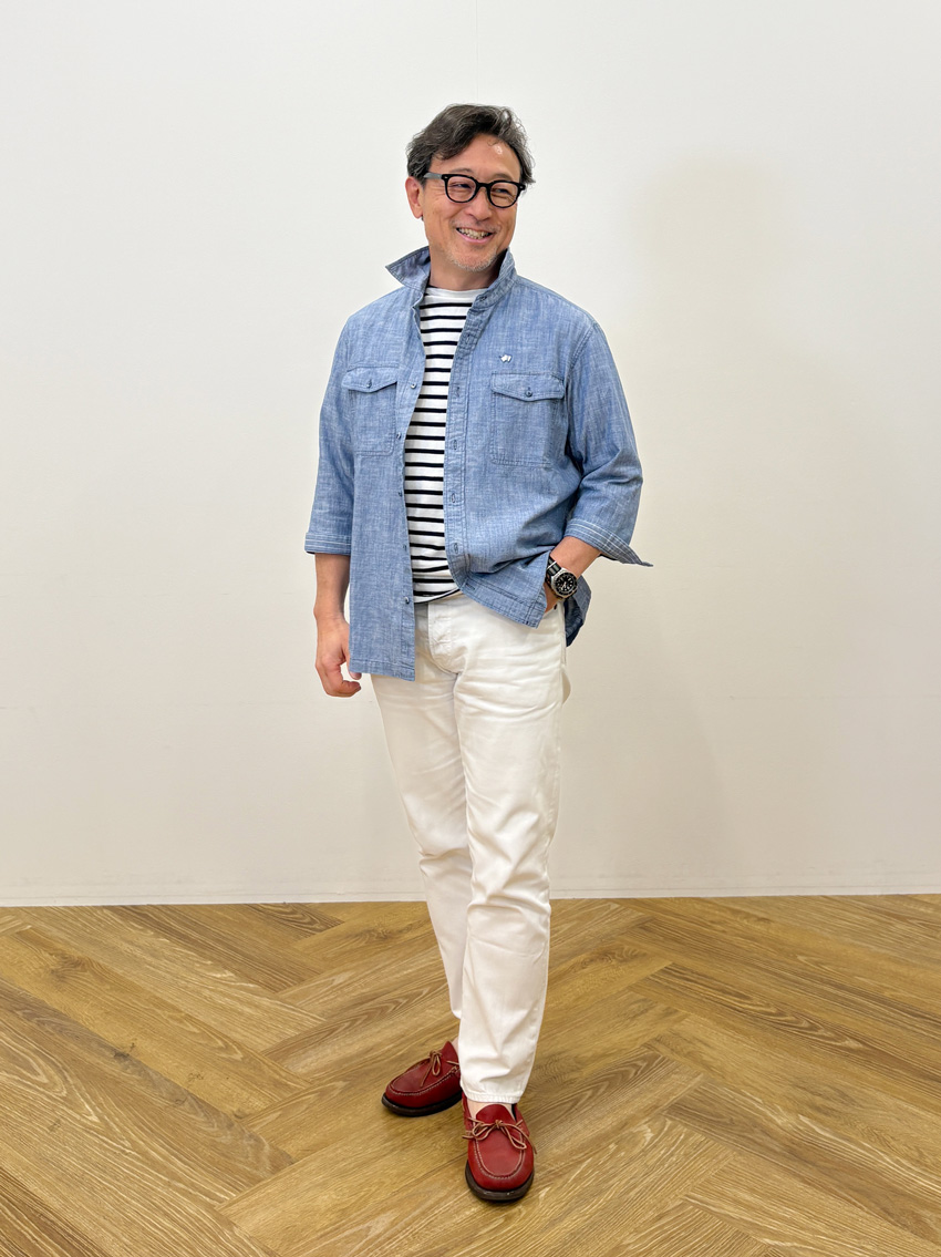 大人のブリーチドダンガリーシャツ／七分丈　コーディネート1