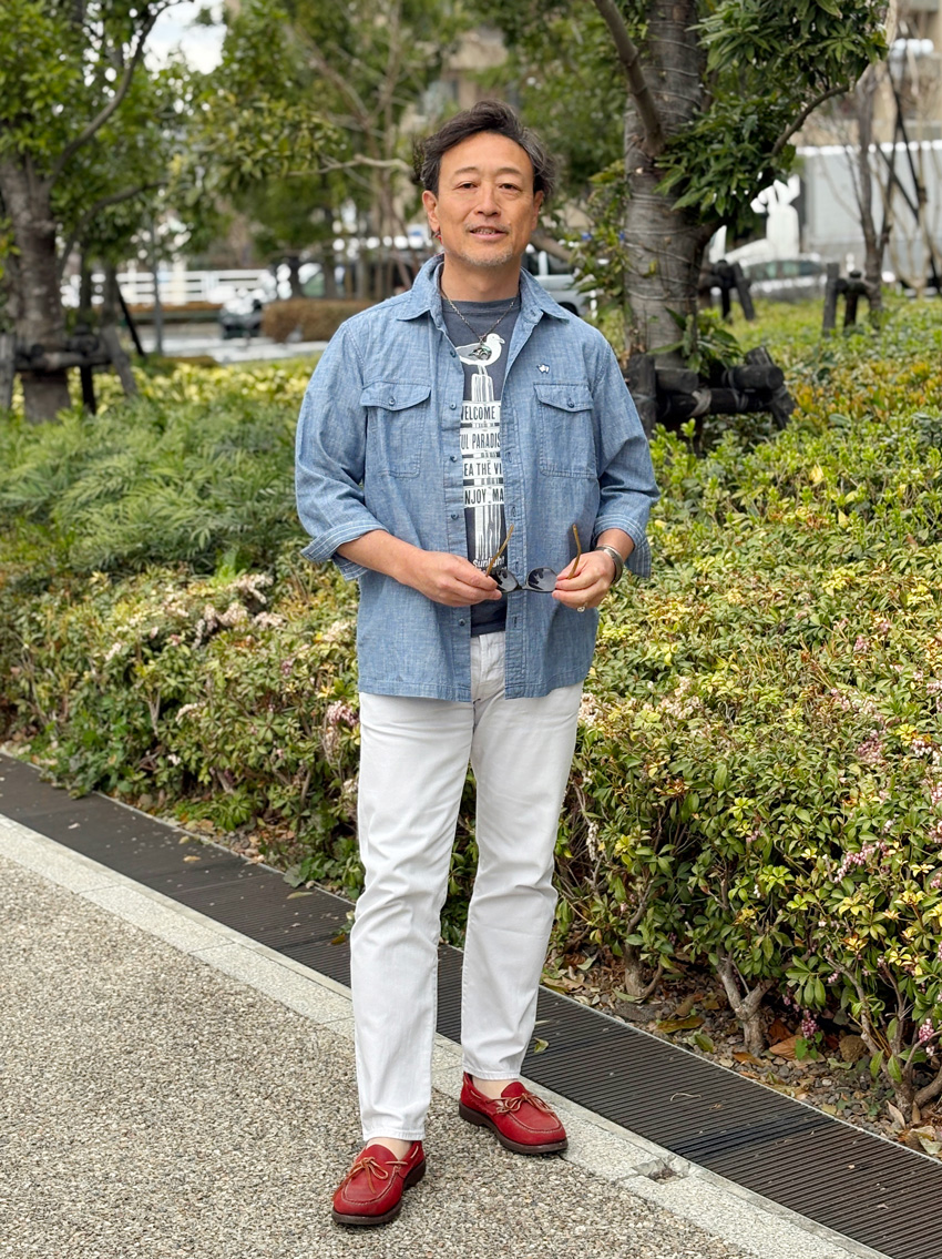 大人のブリーチドダンガリーシャツ／七分丈　コーディネート2