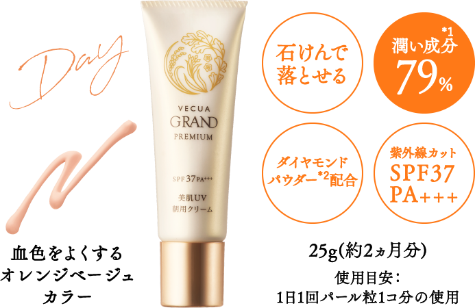 【VECUA GRAND PREMIUM 美肌UV朝用クリーム】潤い成分79％*1／紫外線カットSPF37 PA+++／石けんで落とせる／ダイヤモンドパウダー*2配合／25g(約2ヵ月分)使用目安：1日1回パール粒1コ分の使用／血色をよくするオレンジベージュカラー